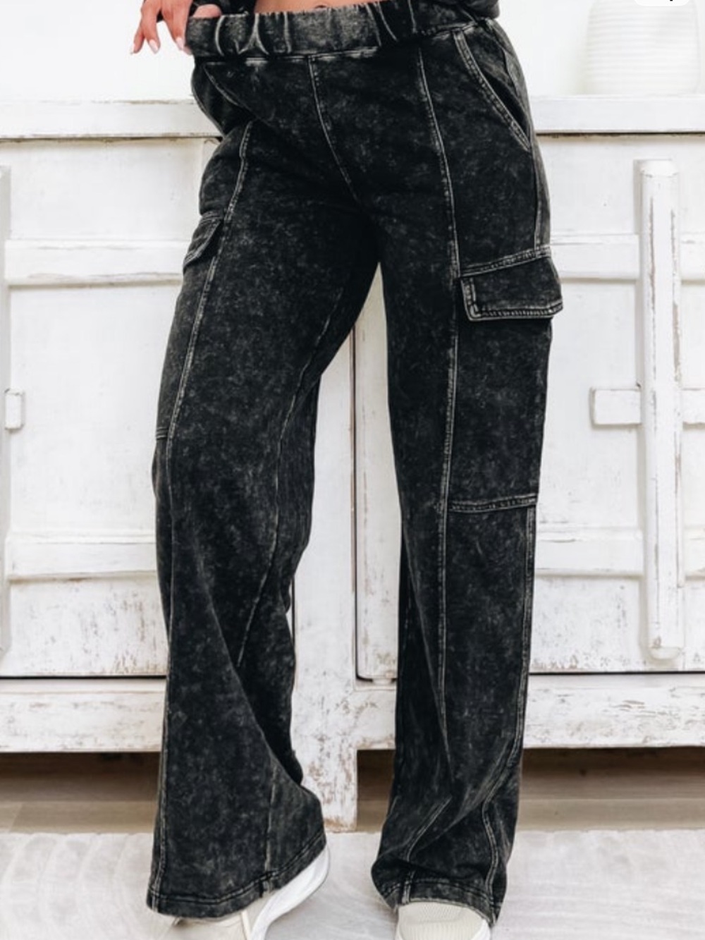 White Birch  Black Washed Wide-Leg Cargo Pants